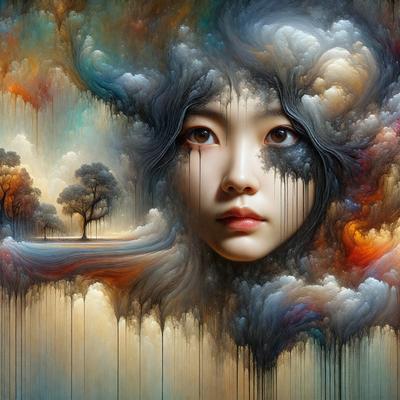 The primary subject of the image is a woman's face, which is the main focus of the painting. The setting is a cloudy sky, and the visual style is a painting, which is a form of digital art. The colors and mood of the painting are predominantly dark and moody, with the woman's face being the only bright spot in the scene.